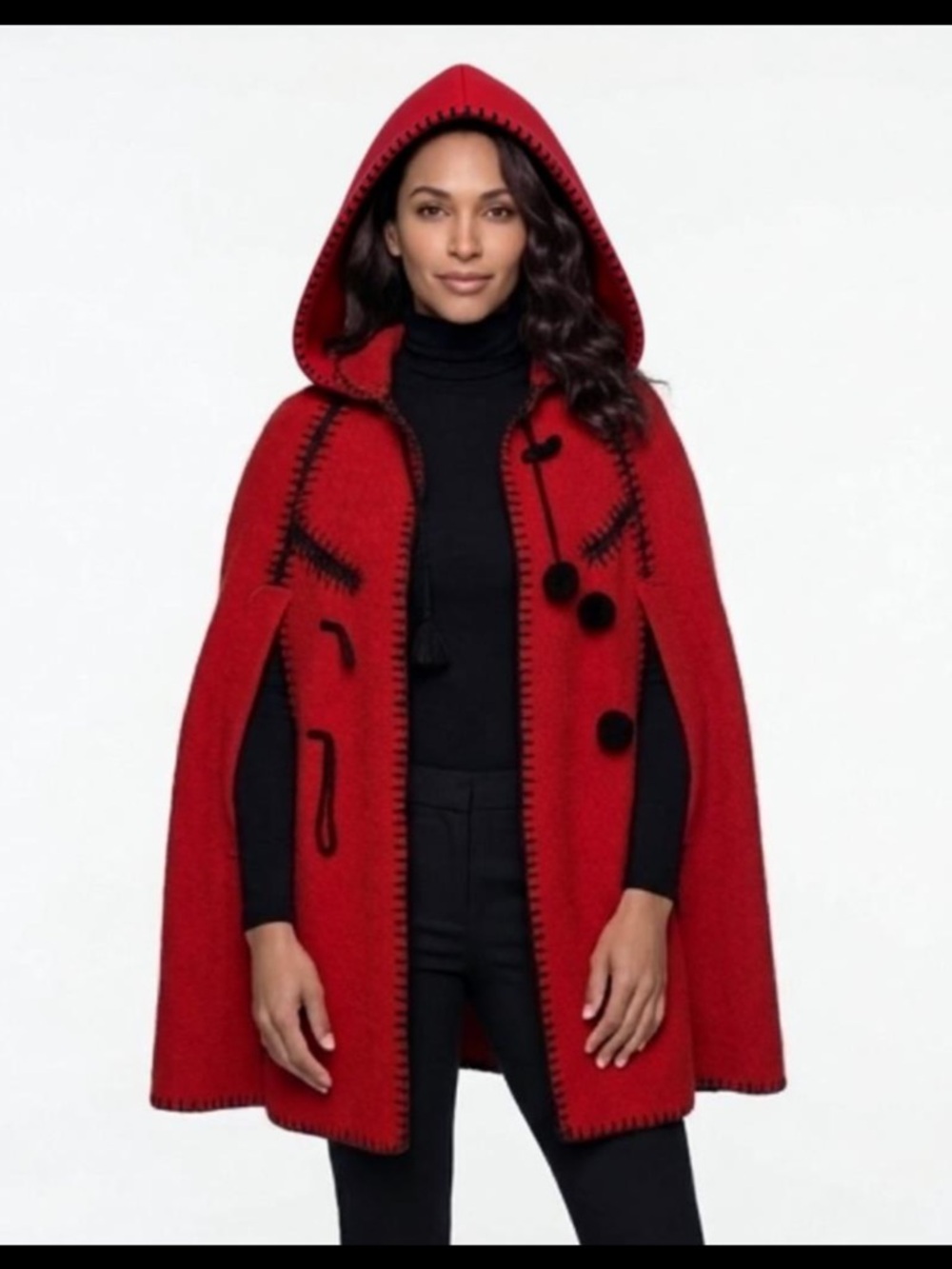 Vintage 1960s Handmade Greek Pure Wool Hooded Cape | Red & Black Blanket Stitch